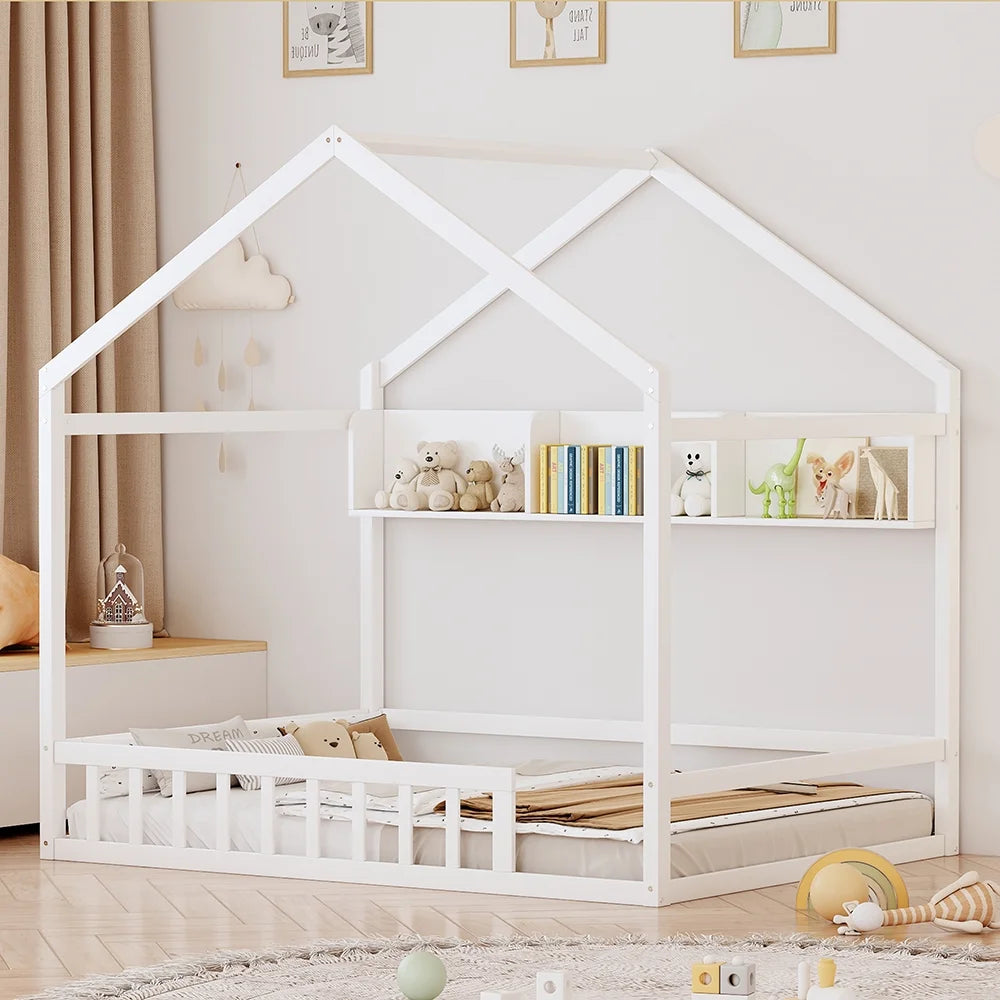 Bellemave Floor House Bed with Storage Shelf, Wood Full Size Montessori Bed with Fence, Playhouse Beds for Kids Girls Boys (White)