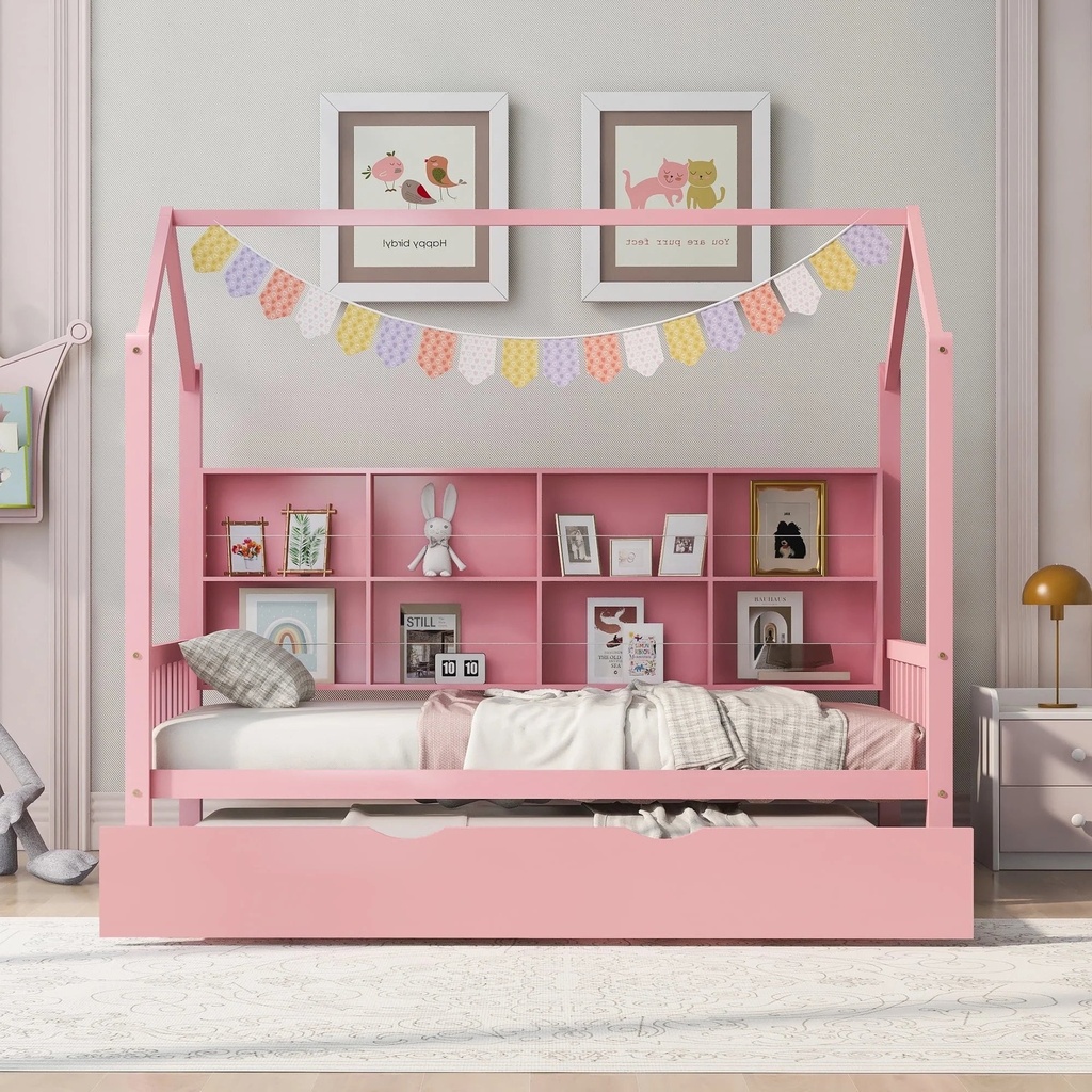 Bellemave Twin House Bed with Storage Drawers and Shelves, Kids Playhouse Bed Frame for Girls & Boys, Wood Montessori Bed (Pink)