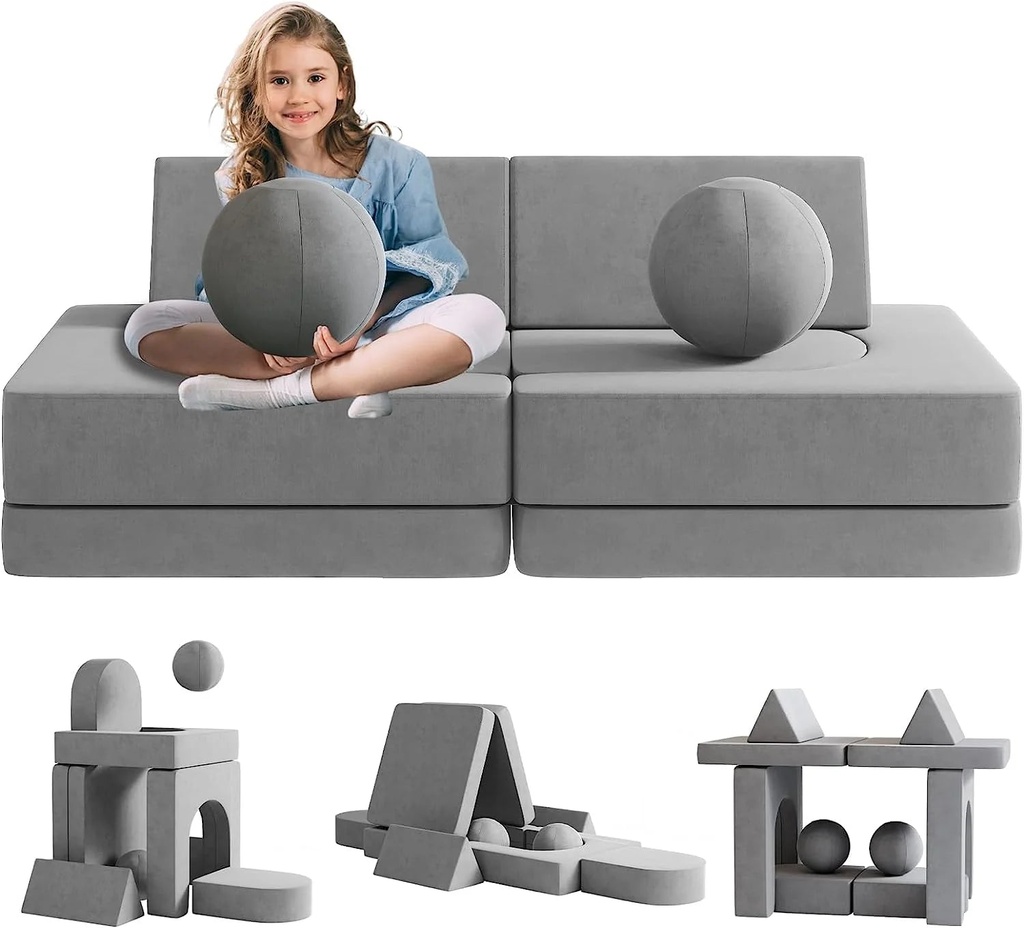10Pcs Kids Sofa for Bedroom Playroom, Wanan Modular Toddler Couch Fold Out Couch Play Sofa for Boys Girls, Kids Sofa Couch Convertible Sofa Kids Foam Couch, Gray