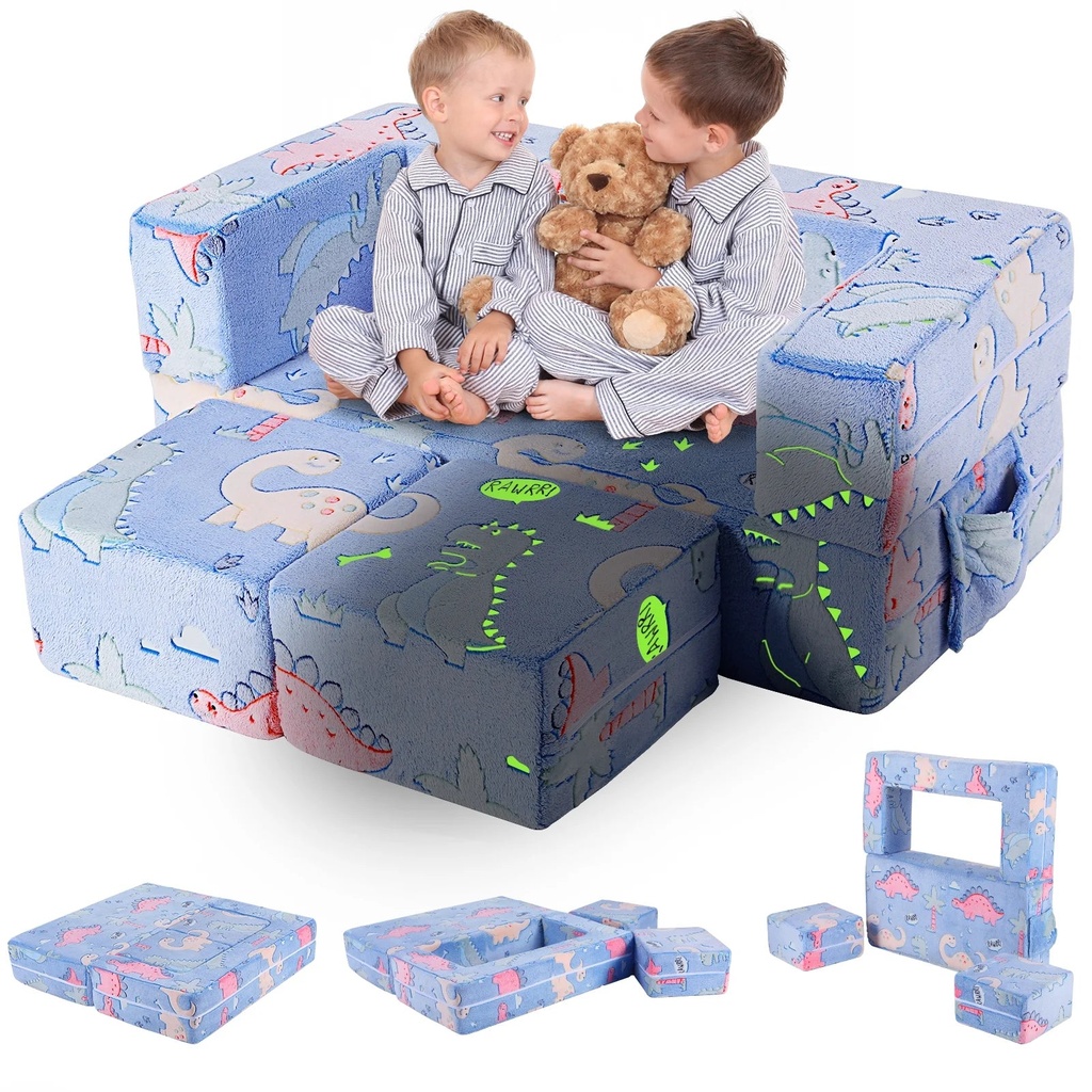 Pirecart Kids Couch Sofa Convertible Modular Toddler Couch Dinosaur Glow in Dark with Washable Cover