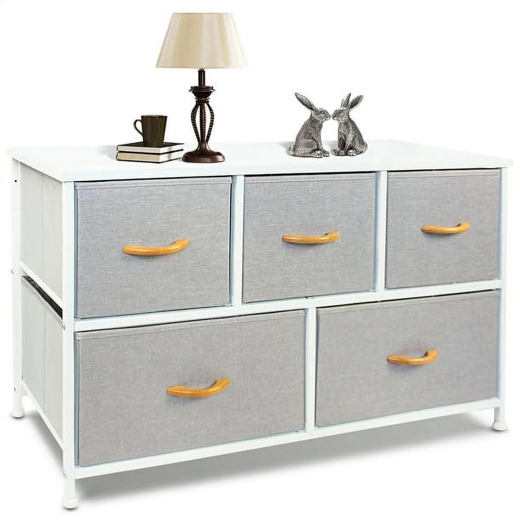 Bigroof Dresser for Kids Bedroom with 5 Drawers, Storage Drawer Organizer, Wide Chest of Drawers for Closet, Clothes, Kids, Baby, TV Stand with Storage Drawers, Wood Board, Fabric Drawers (Light Gray)