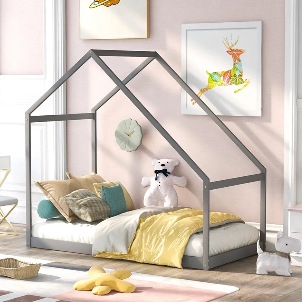 Twin Size House Bed for Kids, Wooden Platform Bed Frame with Sturdy Slats Support Playhouse Floor Bed Montessori Bed Frame Canopy Bed for Bedroom, 78.7"L X 40.5"W X73"H, Gray
