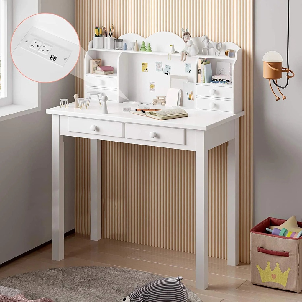 Kids Writing Desk Student Study Table, 31.5" White Desk with Hutch and Drawers and USB Ports, Makeup Dressing Table save Space Gifts