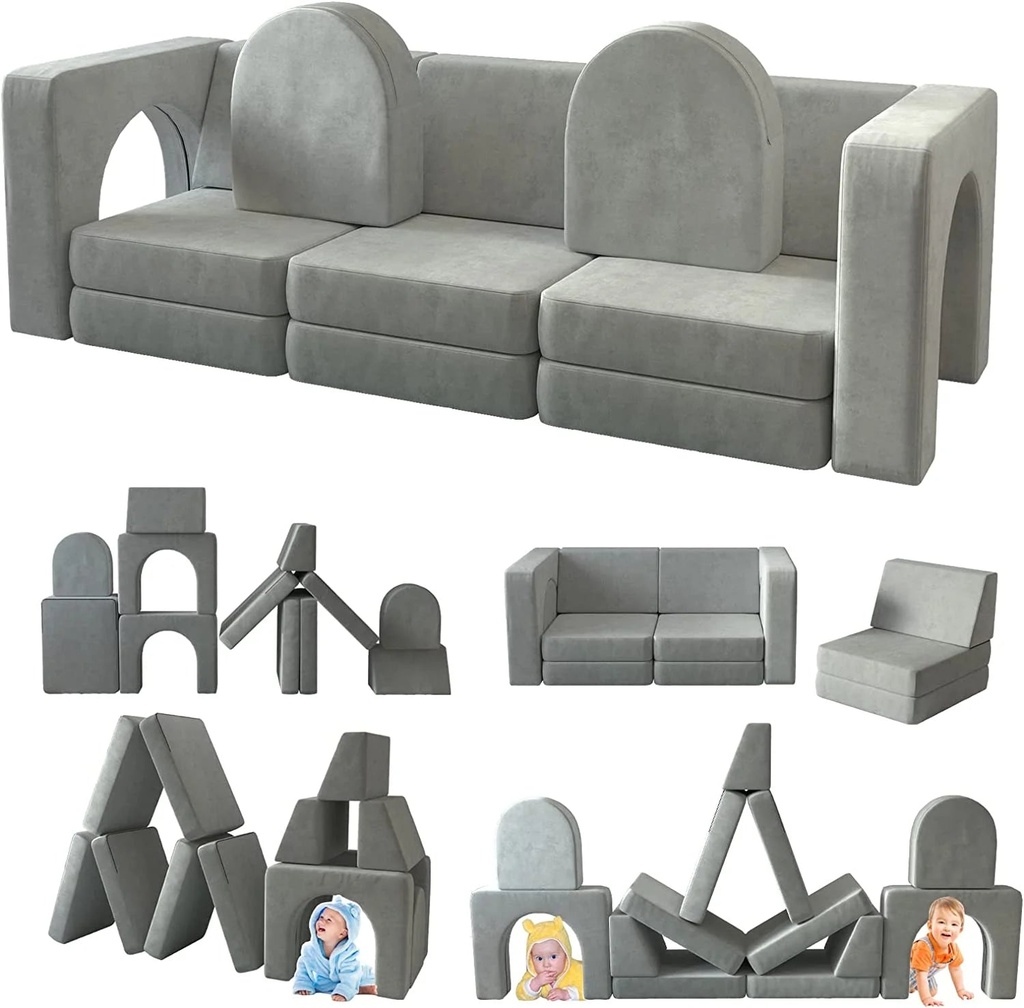 13 Pcs Toddler Sofa for Kids, Linor Modular Kids Couch for Playroom, Kids Play Couch for Toddlers 1-3, Kids Sofa Couch, Kids Modular Play Couch, Grey