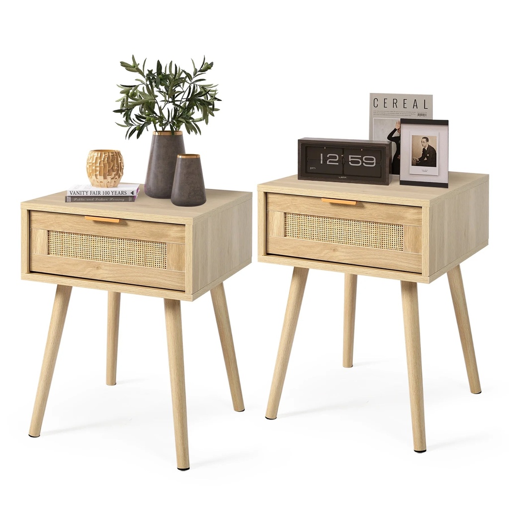 LAZZO Nightstands Set of 2 with 2 Drawers , Natural Oak