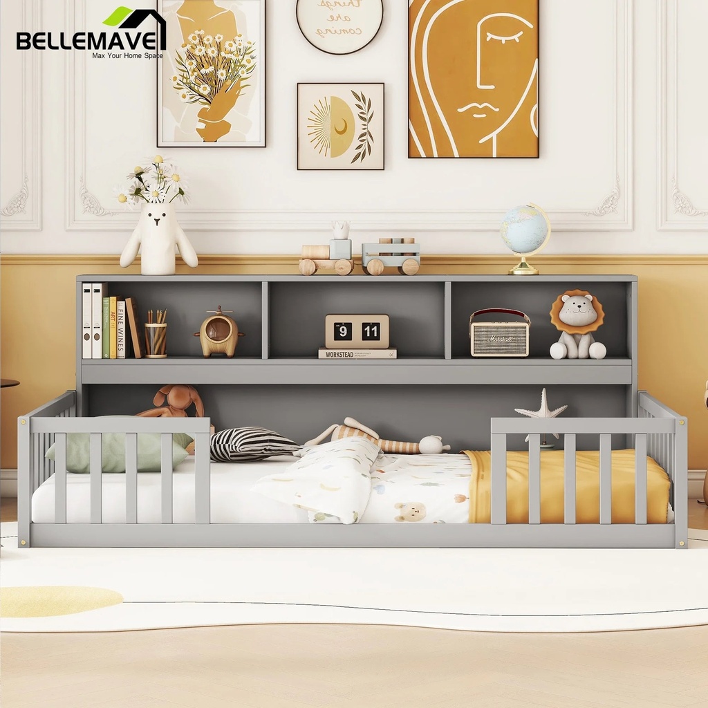 Bellemave Twin Size Floor Bed Frame with Fence and Bookcase Toddler Floor Bed Low Bed with Entrance and Storage Shelves Montessori Bed Frame for Kids, Boys, Girls, No Box Spring Needed (Twin, Gray)