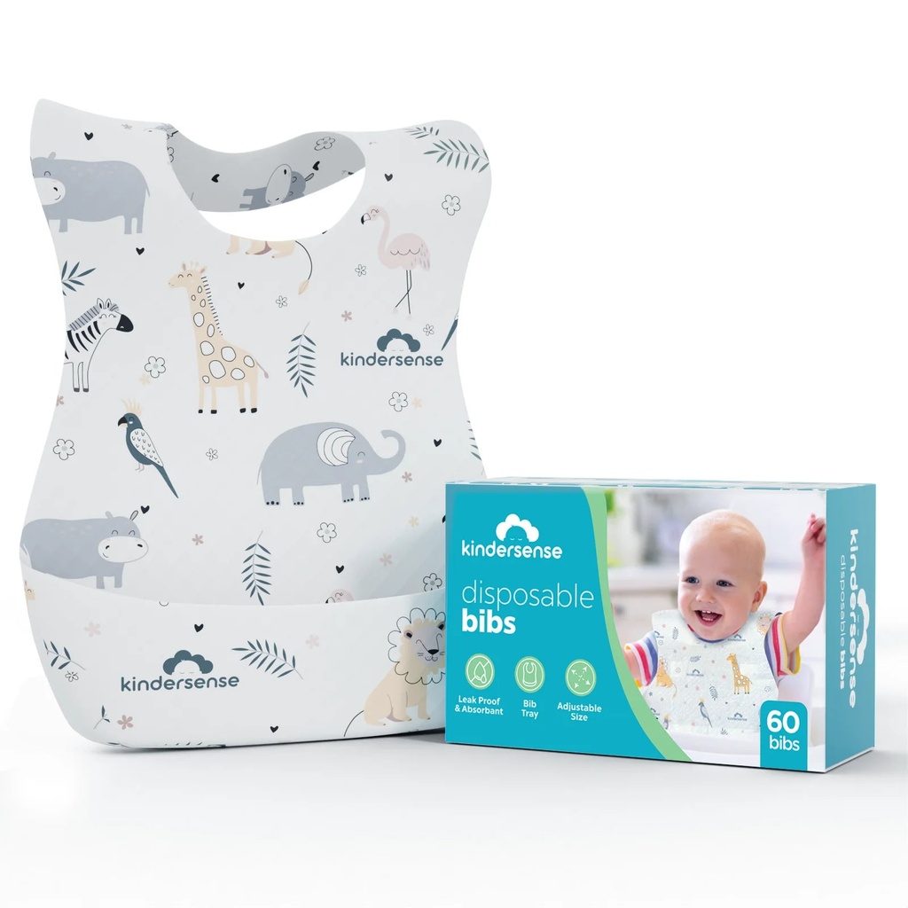 Kindersense Disposable Baby Bibs 60 per Pack, Absorbent and Leakproof, Travel Bibs for Boys & Girls