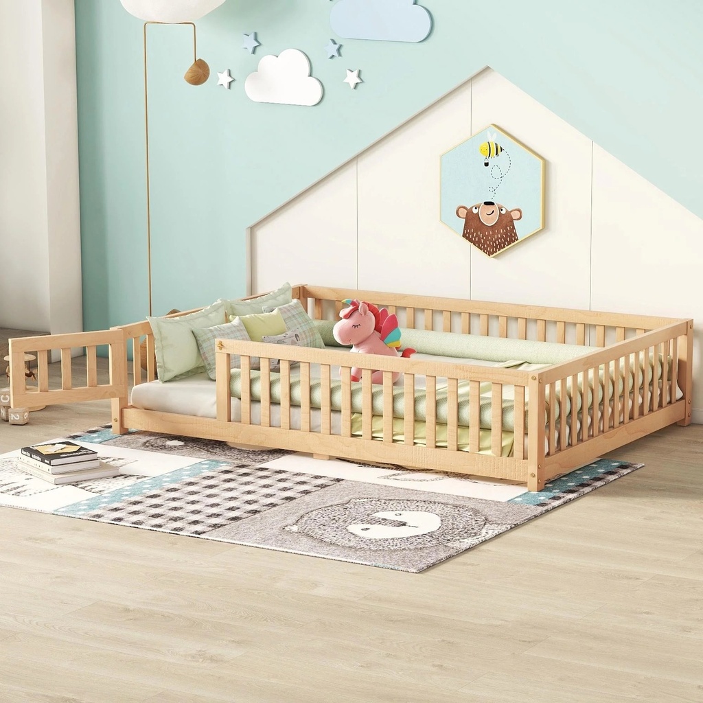 Bellemave Full Size Floor Bed with Door and Fence Toddler Floor Bed with Bed Slats Sturdy Wood Floor Bed Montessori Bed Frame for Kids, Boys, Girls (Full, Natural Brown)