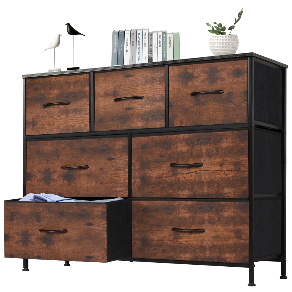 EDX 7 Drawer Dresser, Wide Chest of Drawers Nightstand Storage Tower Storage Dresser Fabric Dresser for Living Room, Bedroom, Hallway, Nursery, Rustic Brown