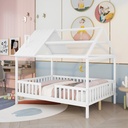 Bellemave Full House Bed of Kids, Full Size Wood Bed Frame with Roof and Fence, Montessori Beds Frame for Toddlers Girls Boys, No Box Spring Needed (White)