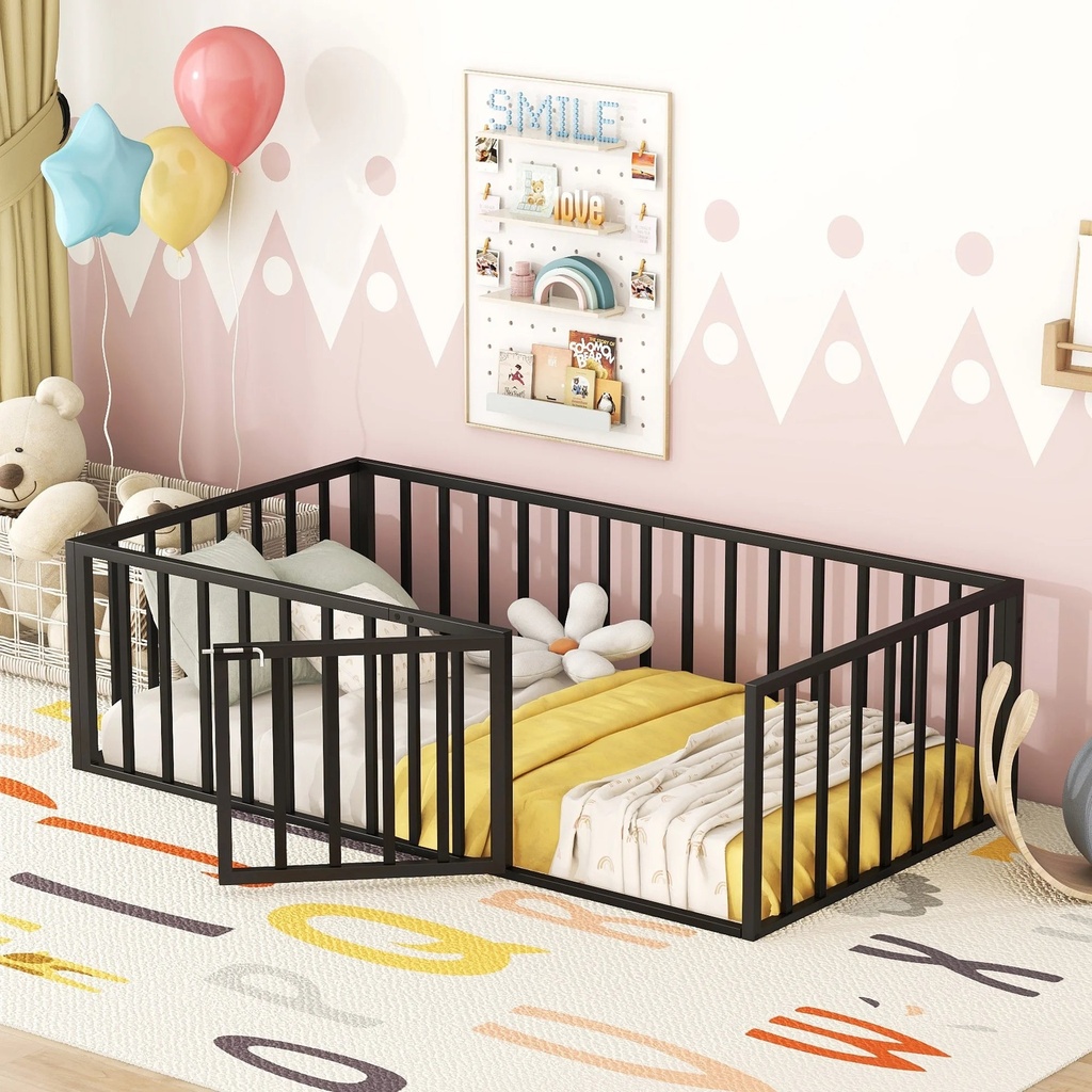 Bellemave Twin Floor Bed with Fence Rails and Lockable Door Twin Metal Floor Bed for Toddler, Child, Boys, Girls Metal Bed Frame Montessori Floor Bed Play Area for Kids, Black