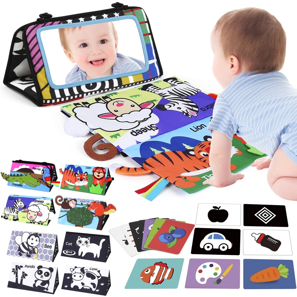 Lotfancy Baby Tummy Time Floor Mirror, Black and White High Contrast Baby Toys & Crinkle Cloth Book