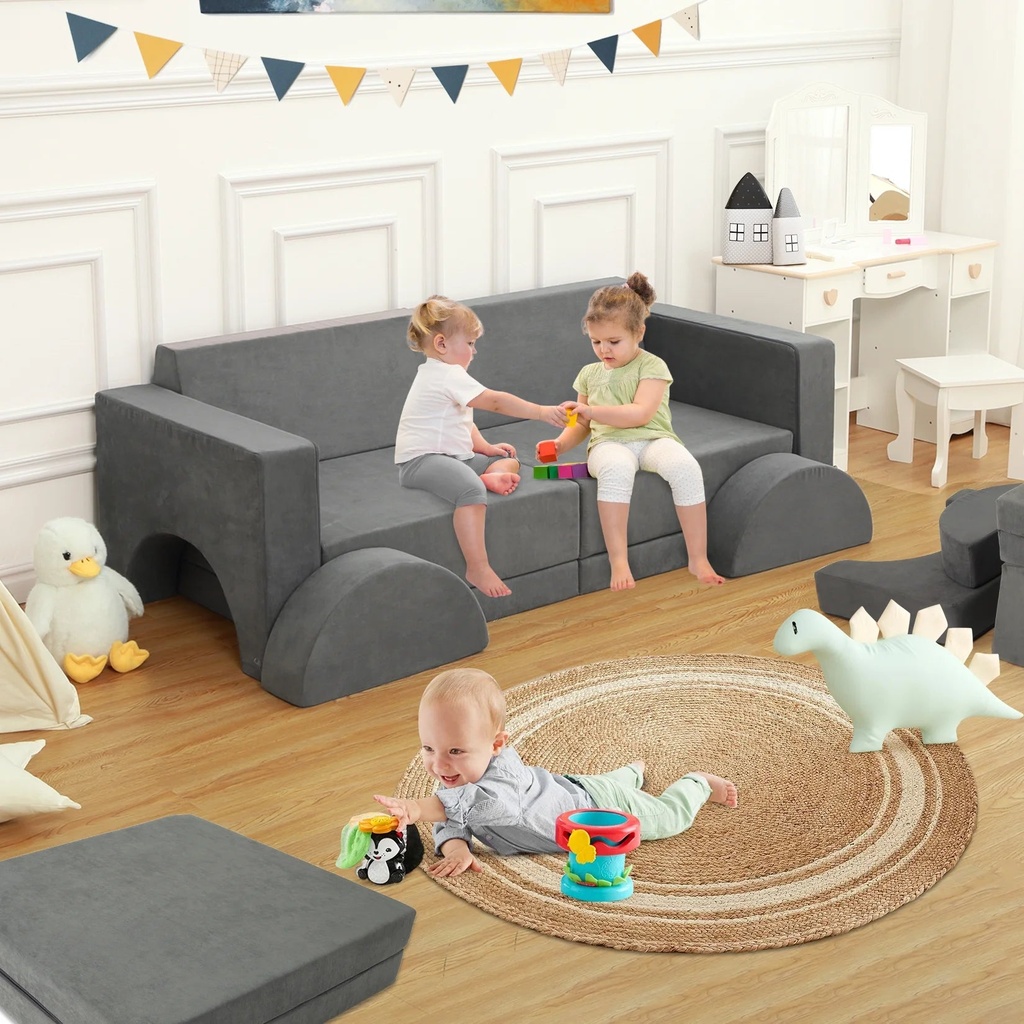 Kid'S Couch Sofa, 10Pcs Creative Modular Toddler Couch for Bedroom Playroom Fold Out Couch Play Set, Grey