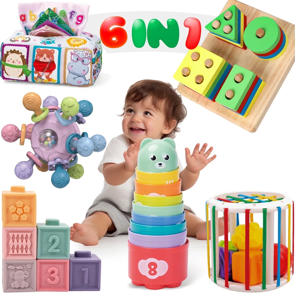 Beefunni Baby Toys 6-12 Months, 6 in 1 Montessori Toys Soft Baby Teething Toys, Sensory Development Education Toys for Baby 12-18 Months