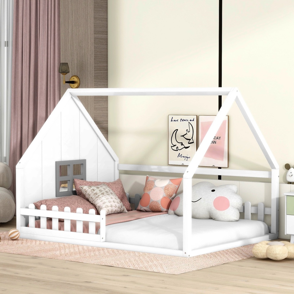 Bellemave Full Size House Bed with Fence, Wooden Montessori Floor Bed with Window for Toddler Kids Boys Girls, No Box Spring Required (White)