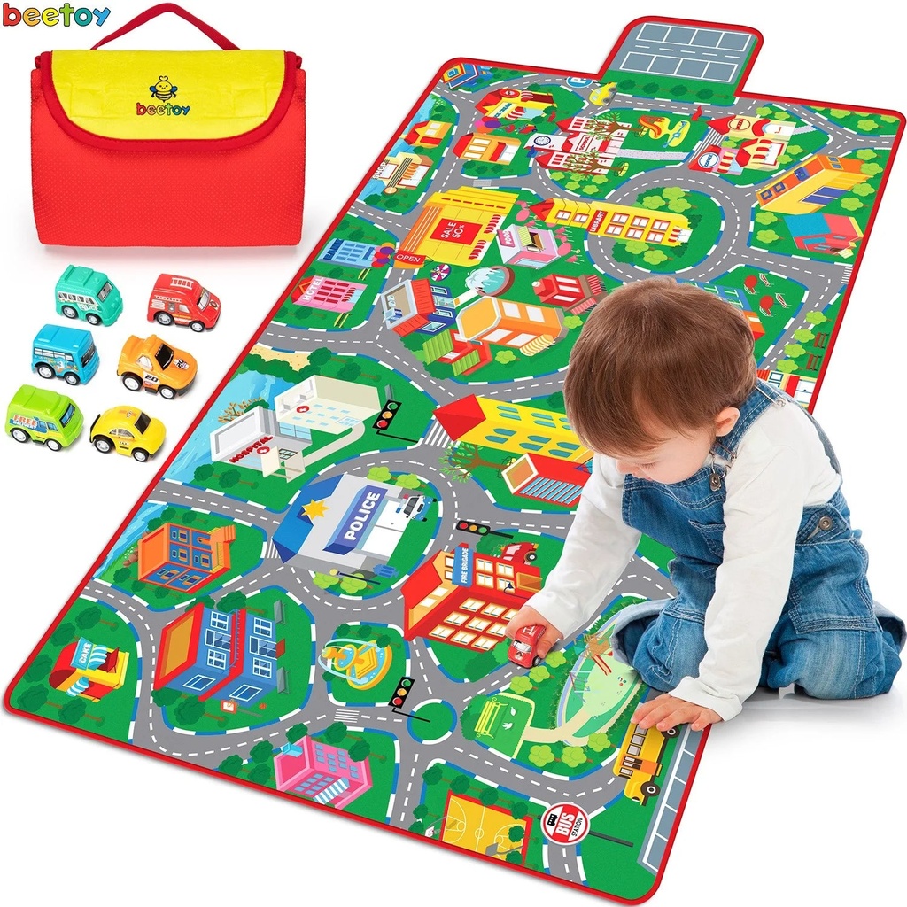 Beetoy Car Mat for Kids Toy Cars,Car Rug Play Mat,City Life Race Car Track Rug Portable Anti-Slip Educational Rug,Car Play Rug Toy Car Mat 31”X 67”,Kids Play Mat with 6 Cars Toy
