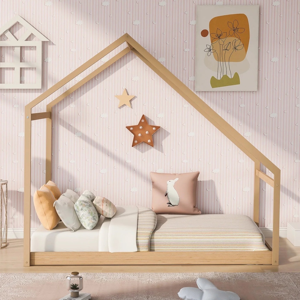 Twin Size House Bed, Wooden Floor Bed Frame with Roof for Toddlers Kids Girls Boys, Can Be Decorated, Natural 80.3"L X 41"W X73.2"H