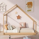 Twin Size House Bed, Wooden Floor Bed Frame with Roof for Toddlers Kids Girls Boys, Can Be Decorated, Natural 80.3"L X 41"W X73.2"H