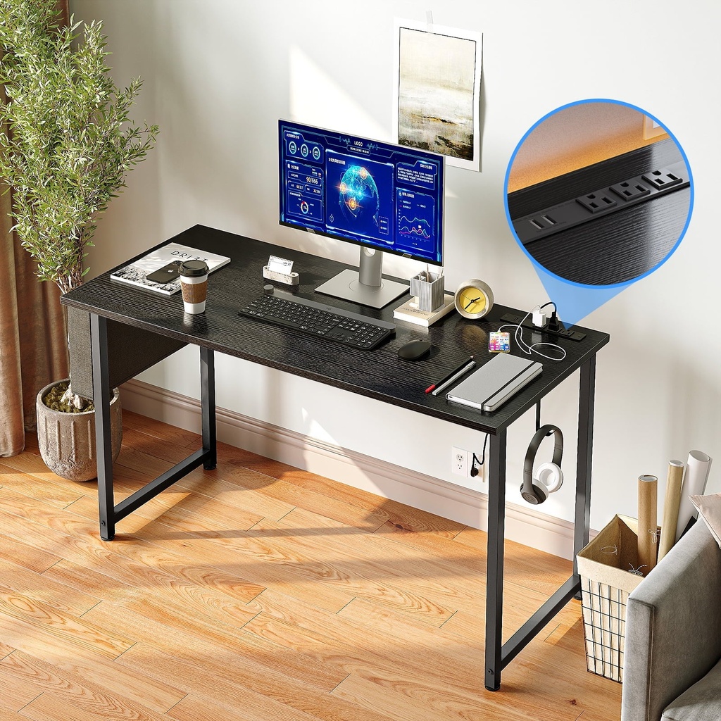 55 Inch Computer Desk with Power Outlets & USB Charging Ports, Large Writing Desks for Home Office, Study Table Modern Simple Style with Storage Bag and Iron Hook, Black