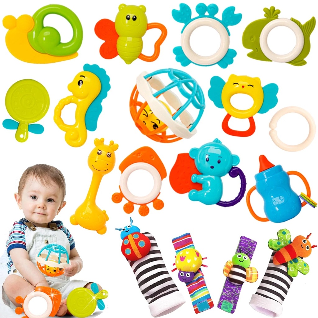 Baby Rattles Toys for 6-12 Months, Baby Toys for 0-6 Months, Infant Newborn Baby Toys for 6-12 Months, Baby Toys for 6 to 12 Months, Girl Boy Gifts Set with Teethers and Wrist Socks Rattle Infant Newb