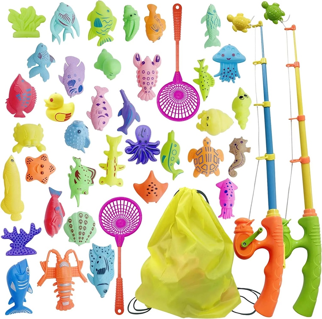 Kids Fishing Bath Toys Game - Magnetic Floating Toy Magnet Pole Rod Net, Plastic Floating Fish - Toddler Education Teaching and Learning Colors Ocean Sea Animals 3 4 5 6 Year Old