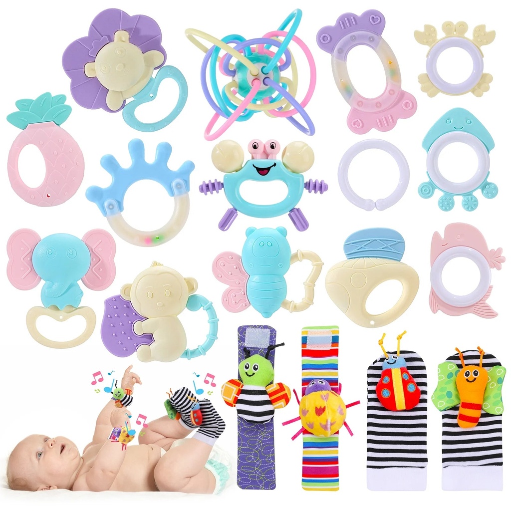 Sixwipe 18Pcs Baby Rattles 0-6 Months, Baby Wrist Rattles & Foot Finders Sock, Newborn Hand and Foot Rattles/Teething Toy for Babies, Newborn Baby Boy Girl Rattles Gifts Set