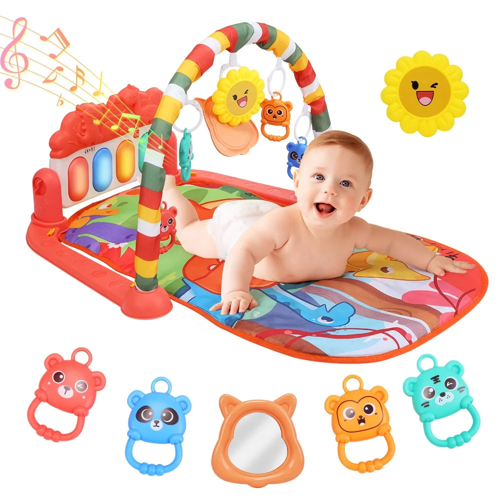 Joystone Baby Gym Play Mat for Babies Tummy Time Mat, Play Music and Lights Piano Playmat Activity Gym for Baby Boy Girl, Infant Toddler Activity Center Toys, Baby Floor Newborn Play Mat, Red