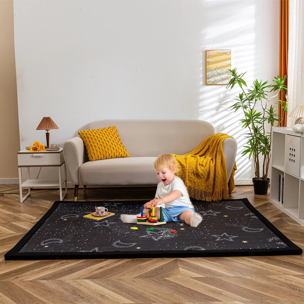 Baby Play Mat with Non-Slip Backing, 1.2" Thick Memory Foam Soft Padded Carpet for Living Room/Bedroom, 3X5 Ft Rug for Kids, Toddler, Children, Nusery (Black with Moon & Star)