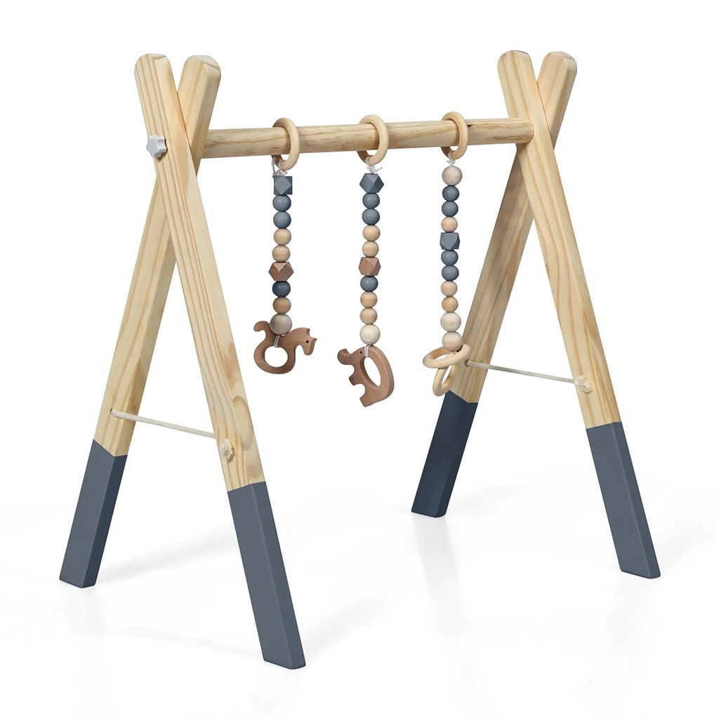 Costway Foldable Wooden Baby Gym with 3 Wooden Teething Toys Hanging Bar Gray