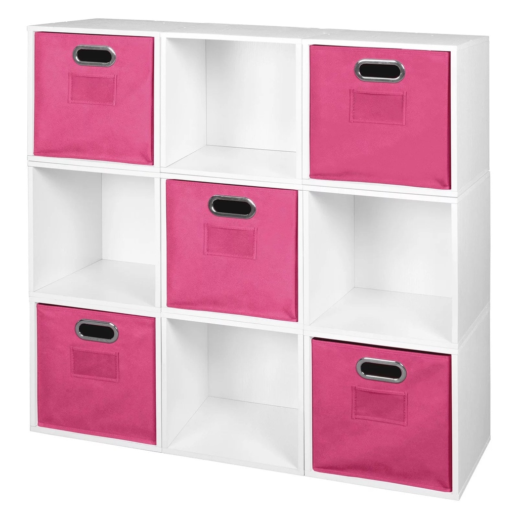 Niche PC9PKWH5TOTETL Cubo Storage Set with 9 Cubes & 5 Canvas Bins, White Wood Grain & Teal