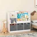 Kids Bookcase and Toy Storage with 3 Collapsible Fabric Drawers, Wooden Kids Bookshelf Toy Organizer with 4-Tier Display Shelf, Smooth Corner, Toddler Bookshelf with Storage for Bedroom, White