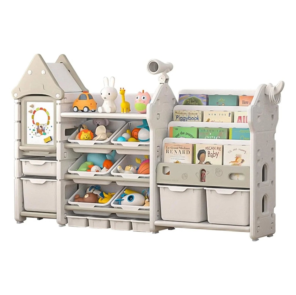 Codyinfi - Kids Toy Storage Organizer and Children Bookshelf, with 14 Bins, Pull-Out Drawers Multipurpose Shelf for Toddlers to Organize Toys and Books (Magic Castle – White)