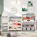 HQIT Kids Toy Storage Organizer and Children Bookshelf with 17 Bins and 4 Bookshelves, Pull-Out Drawers Multipurpose Shelf for Toddlers to Organize Toys and Books, Gray
