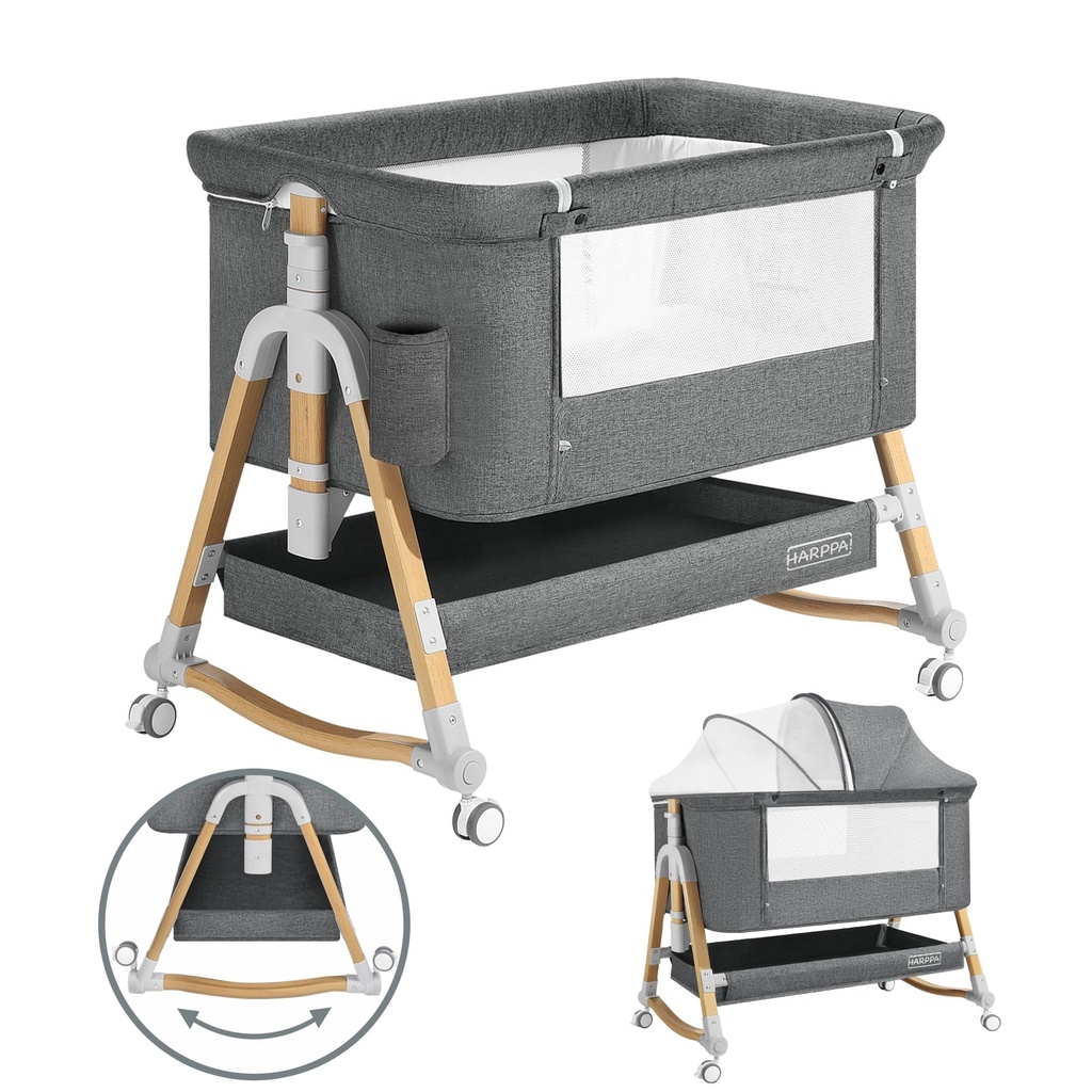 HARPPA 3 in 1 Baby Bassinet Bedside Sleeper, Height Adjustable, Easy Folding, Gray