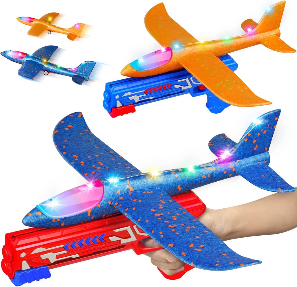 TOYFIT 4 in 1 LED Light Airplane Launcher Toy Set, Throwing Foam Glider Catapult Plane, Outdoor Flying Games Toys for Kids, Birthday Gifts for Boys Girls 3 4 5 6 7 Years Old