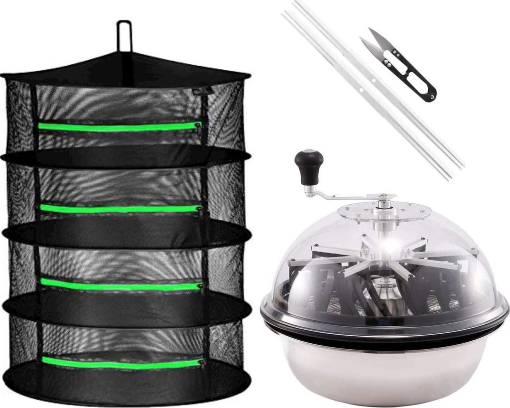 iPower 19 Bud Leaf Bowl Trimmer Machine Twisted Sharp Stainless Steel Spin Cut with Upgraded Gears, and Foldable Hanging Herb Mesh Rack with Zippers, for Hydroponic Plant, 2ft 4-Layer
