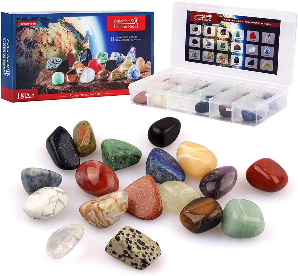 SmartYeen 18pcs Rock Collection for Kids,Gemstones and Rocks Set with Educational Information Sheet and Display case Science Gift for Boys Girls