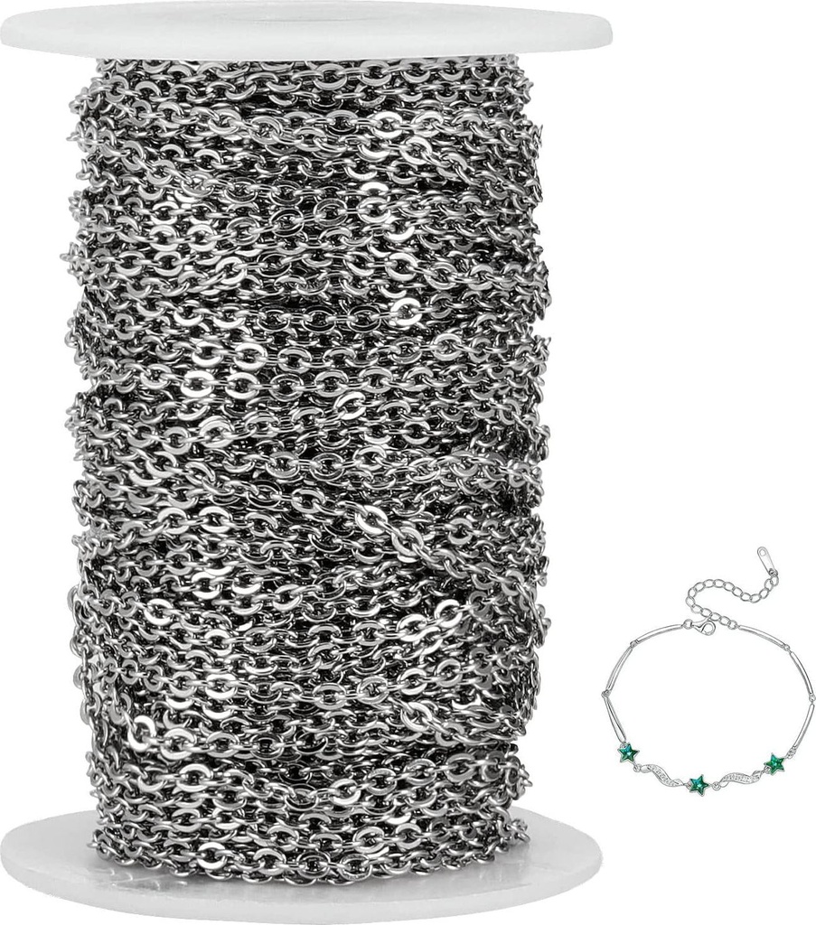 MOUYAT 98 Feet Silver Curb Chain Link, Stainless Steel Twisted Chain Link Bulk with Spool, Curb Chain for Jewelry Making, Necklace, Bracelet, DIY Craft, Key Chain, 4 x 3 x 0.6 mm