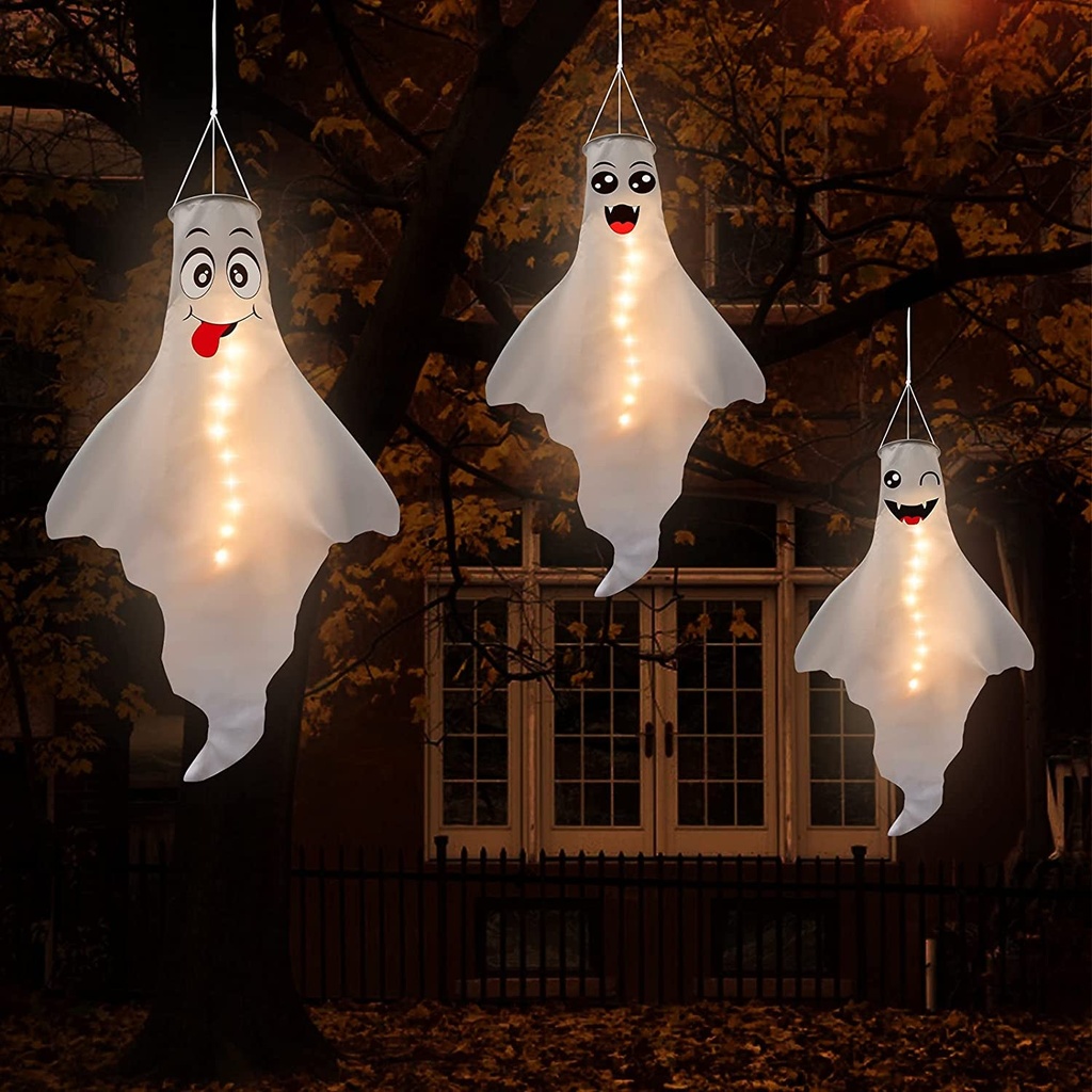 3PCS Halloween Decorations Outdoor Ghost Windsock LED Hanging Decor - Hallowmas Wind Sock Tree Yard Party Ornaments（No Batteries & No Timer）