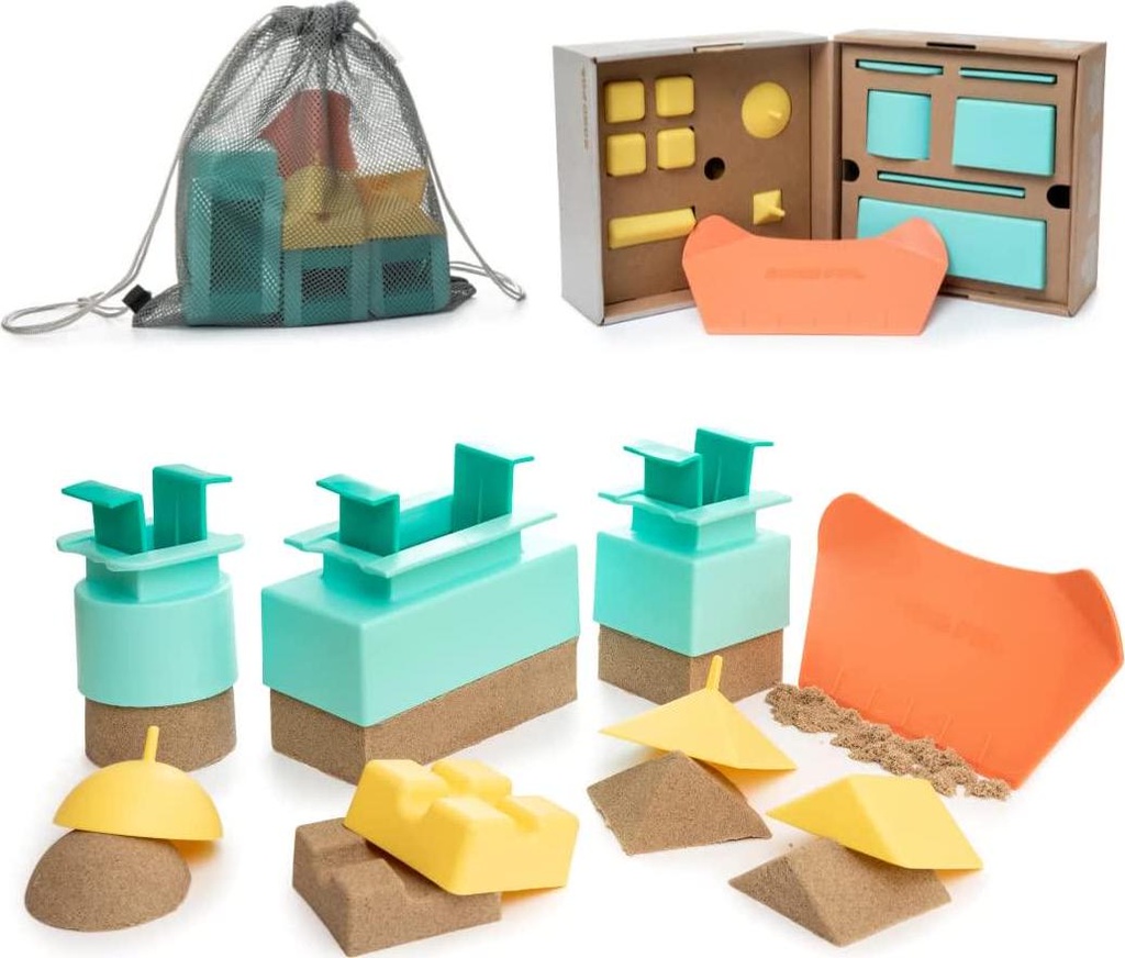 Sand Pal Beach Sand Toys Kit - 9 Pieces Beach Toys Set for Outdoor Play - Construction Building Sand Castle Molds and Tools - Kids Sandbox, Snow and Sand Castle Kit with Mesh Bag for Toddlers and Adults