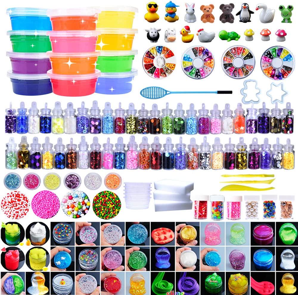 HSETIY Super Slime Kit Supplies-12 Crystal Clear Slimes with 54 Packs Glitter Sheet Jars, 3 Jelly Cubes,4 Pcs Fruit Slices,16 pcs Animals Beads, Foam Balls 5 Slime Containers with DIY Art Crafts