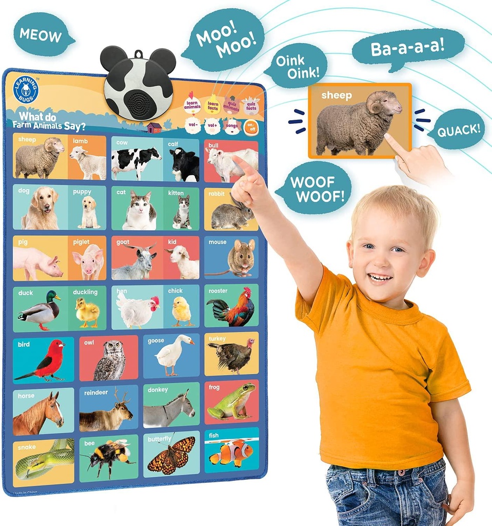 LEARNING BUGS What do Farm Animals Say, Interactive Educational Farm Animals Poster, Hear 32 Farm Animals Name, Real-Life Sound and Child Friendly Facts for Young Learners Aged 1 to 5 Years Old