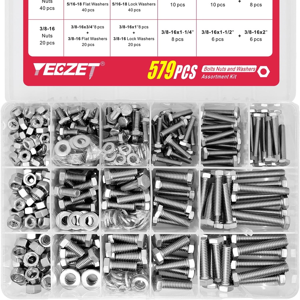YEEZET 579PCS Bolts and Nuts Kit 1/4-20 5/16-18 3/8-16 Stainless Steel 18-8 Heavy Duty Hex Bolts Nuts Washers Assortment Kit,Includes 15 Most Common Sizes