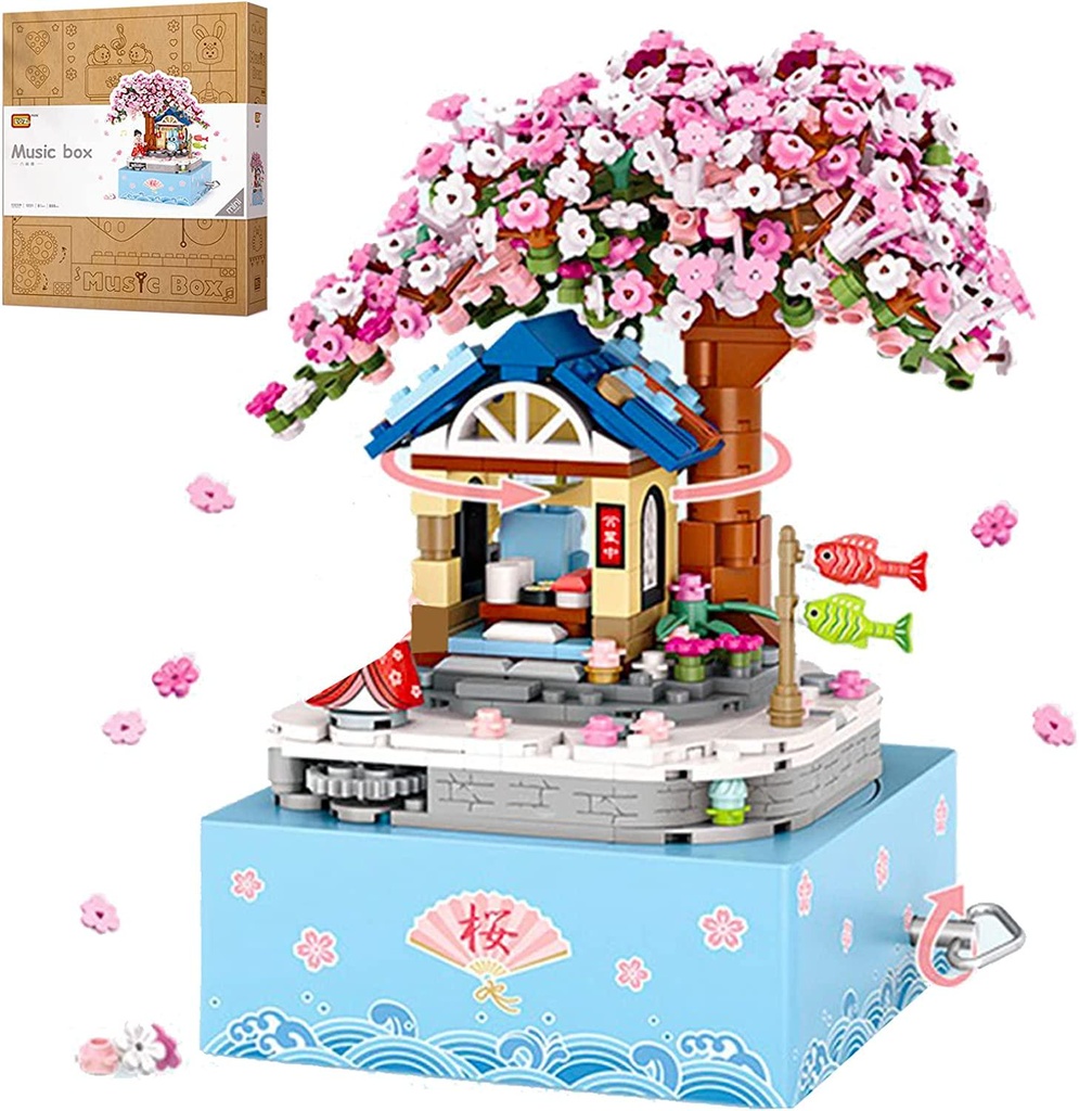 Music Box Series Building Blocks,DIY Building Block Creative Construction Play Set, Castle Music Box/Sakura Music Box Bricks Model Set, for Boys Girls (Sakura Music Box)