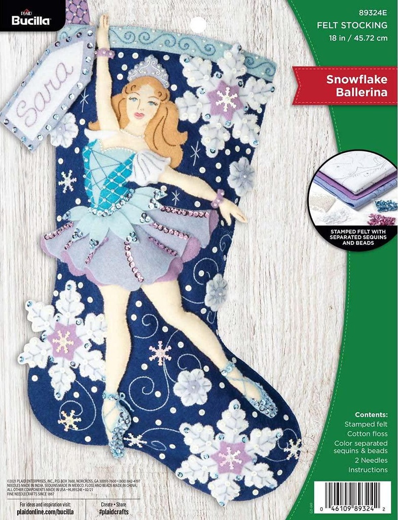 Bucilla Christmas Stocking Kit, Snowflake Ballerina 18 Felt Applique Stocking Making Kit, Perfect Craft Supplies for DIY Needlepoint Arts and Crafts, 89324E