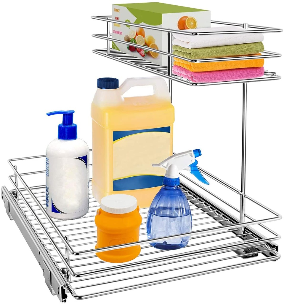 Pull Out Cabinet Organizer, AHNR 2-Tier Under Sink Slide Out Kitchen Cabinet Storage Shelves with Sliding Storage Drawer for Cabinet - 12.6W x 16.5D x 13H, Request at Least 13 Cabinet Opening
