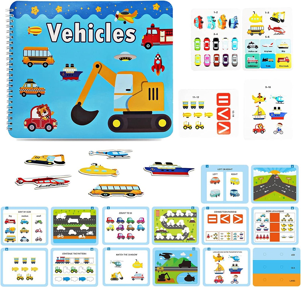 Preschool Montessori Toys for Toddlers, Vehicle Busy Book Learning Toys for Kids Toddlers Preschool Learning Activities, Autism Sensory Educational Toys for Boys and Girls Christmas Birthday Gifts