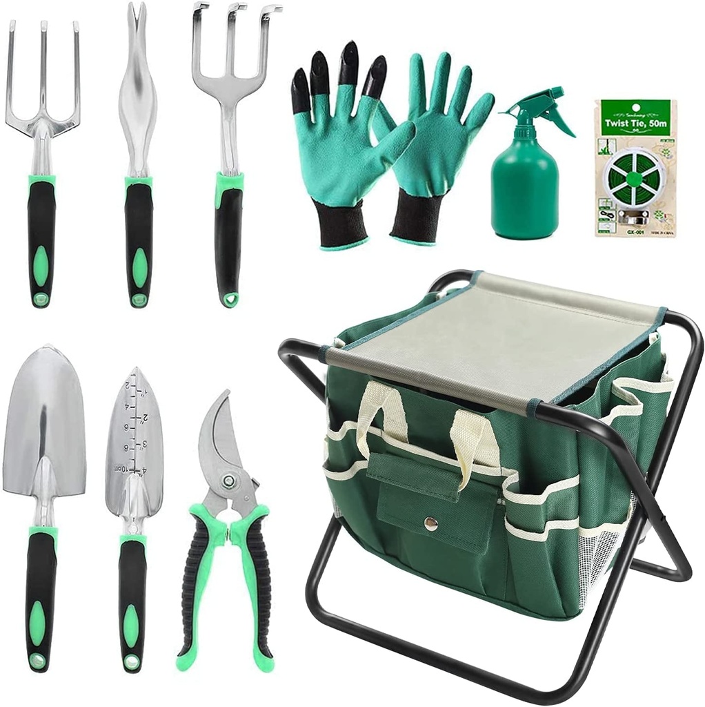 Garden Tools Set 11 Piece Gardening Tools Kit with Folding Stool for Women & Men, Garden Tools Set with 6 Hand Tools, Garden Storage Tote, Watering Pot,Garden Gloves and Garden Twist Tie