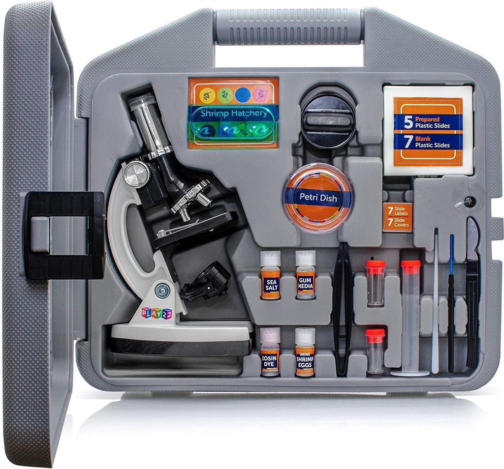 Play22 Microscope for Kids 50 PCS - 120X - 1200X Microscope Slides Specimens - Student Beginner Metal Body Toy Microscope Kit in A Carrying Box - Educational Science Lab Toy Best Gift Original