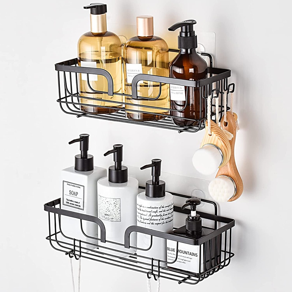 YOHOM Matte Black Shower Caddy Basket with Hooks Adhesive Bathroom Shelf Organizer Wall Mounted Stainless Steel Kitchen Spice Storage Rack 2 Pack